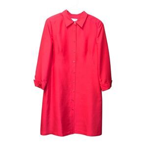Shomi by Miller Shor Wm Sz 14 Red Raw Silk Button-Front Shirt Dress Long Sleeve